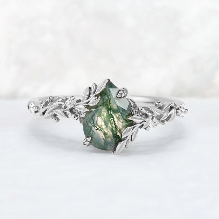 Celestial Nature Moonlit Olive Leaf Moss Agate Gemstone Bridal Ring Set 2pcs
