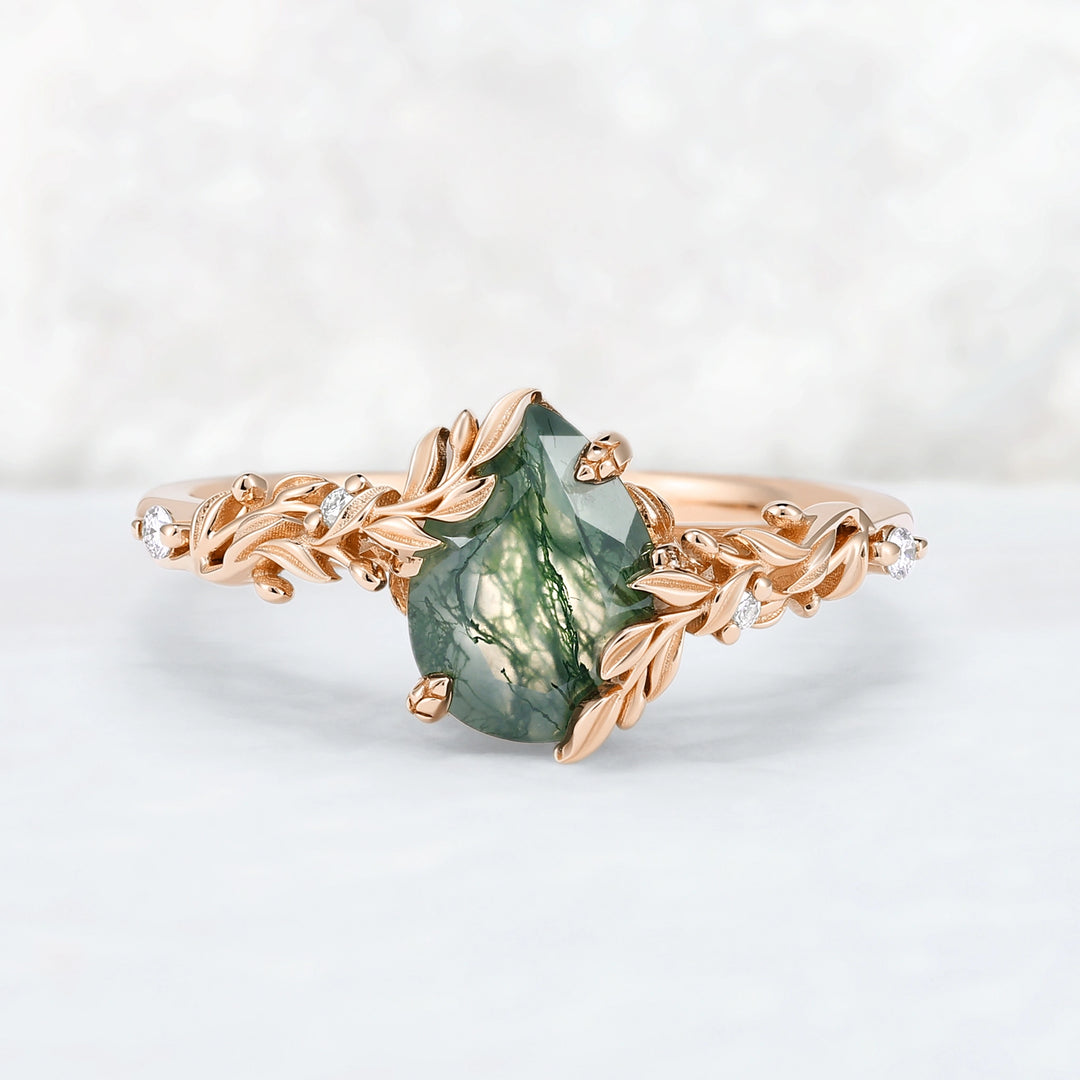 Celestial Nature Moonlit Olive Leaf Moss Agate Gemstone Bridal Ring Set 2pcs