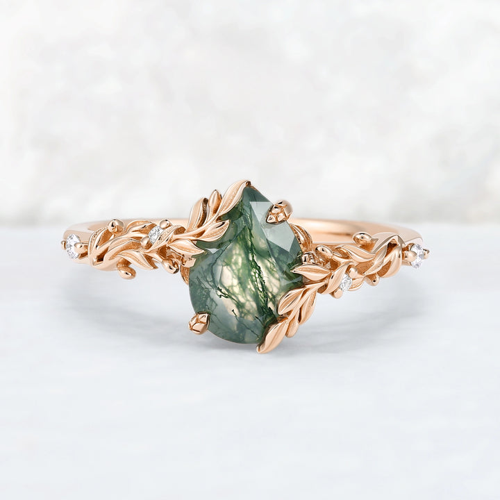 Celestial Nature Moonlit Olive Leaf Moss Agate Gemstone Bridal Ring Set 2pcs