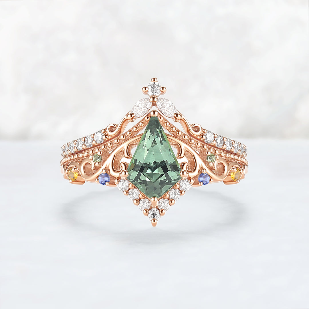 Custom Kite Cut Lab Green Sapphire Ring Set 2pcs