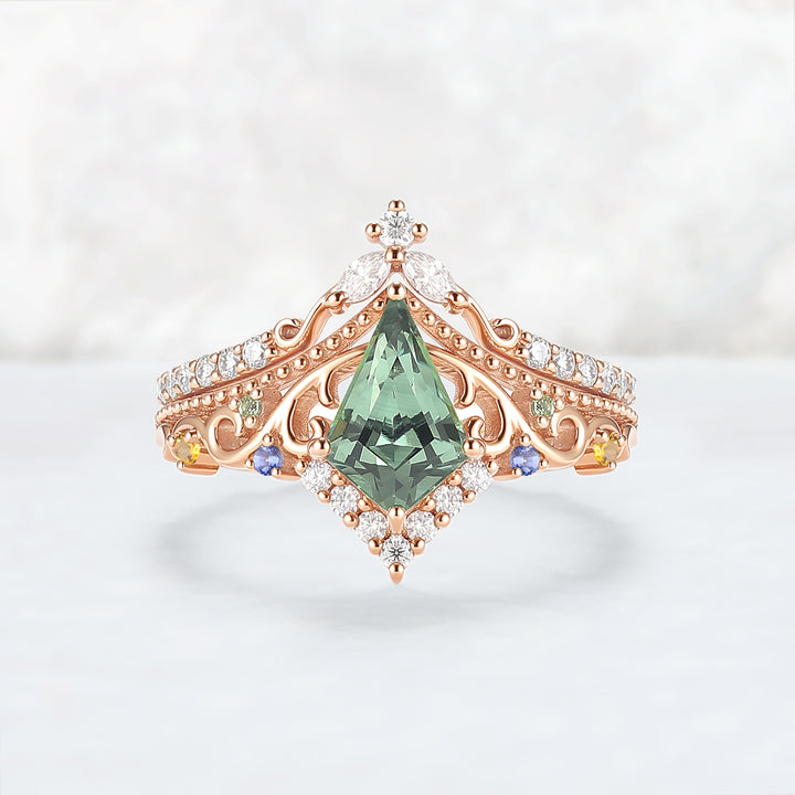 Custom Kite Cut Lab Green Sapphire Ring Set 2pcs