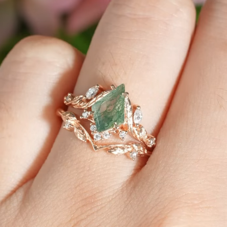 Unique Kite Cut Moss Agate Moissanite Vine and Leaf Engagement Ring Set 2pcs