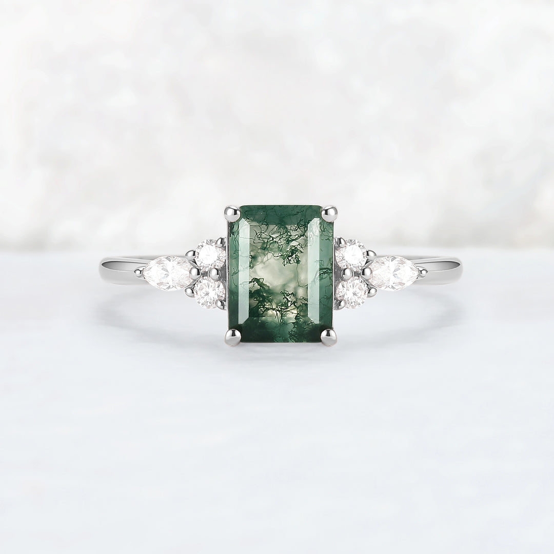 Cluster Emerald Cut Moss Agate Engagement Ring