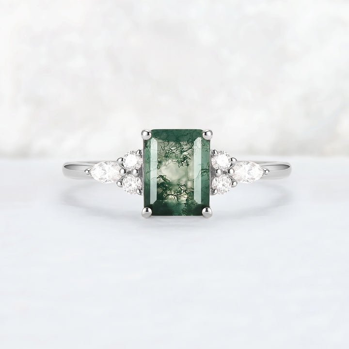 Cluster Emerald Cut Moss Agate Engagement Ring