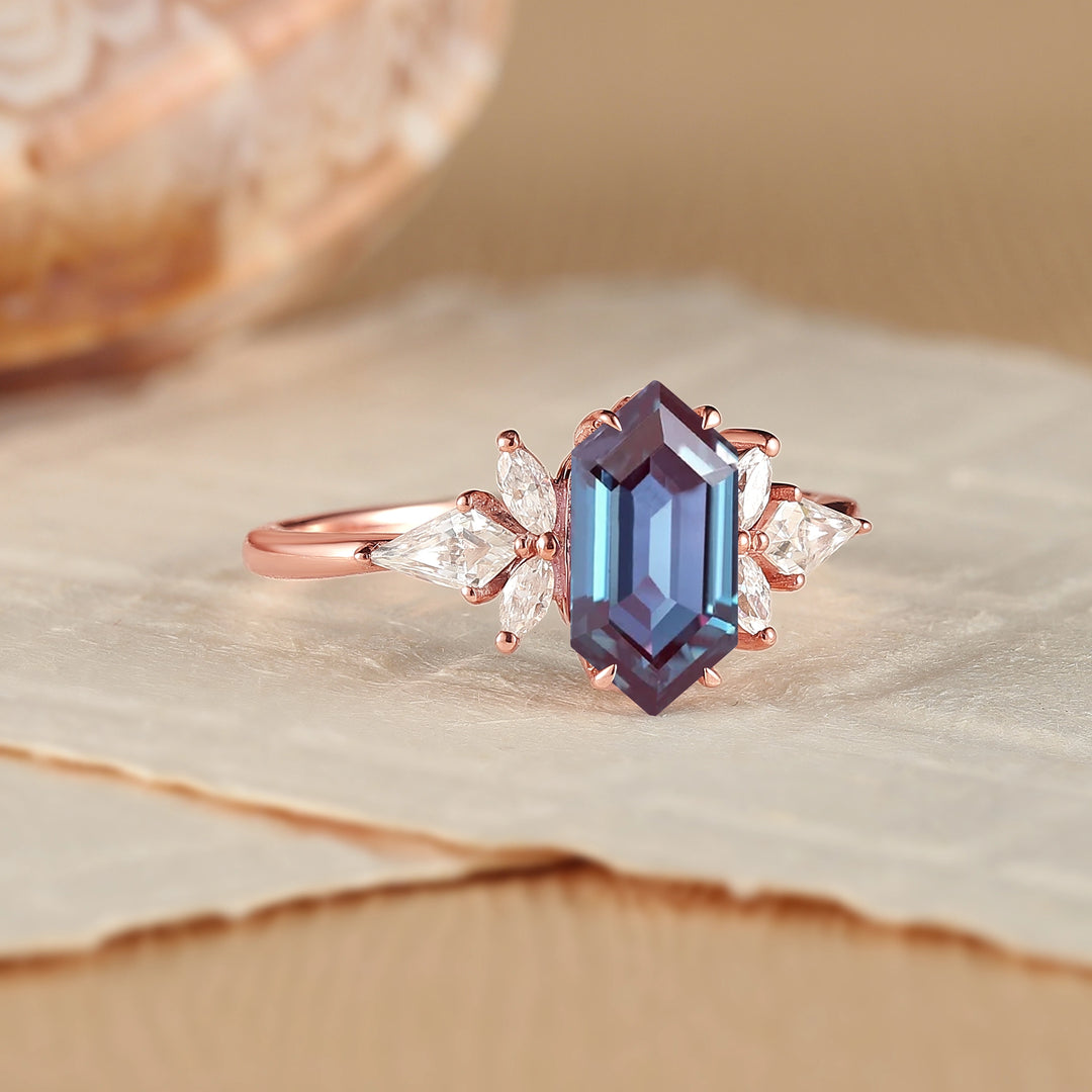 Cluster Hexagon Cut Alexandrite Gemstone Ring