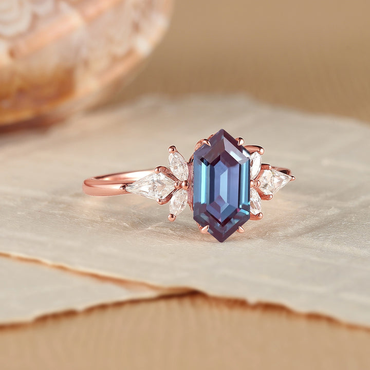 Cluster Hexagon Cut Alexandrite Gemstone Ring