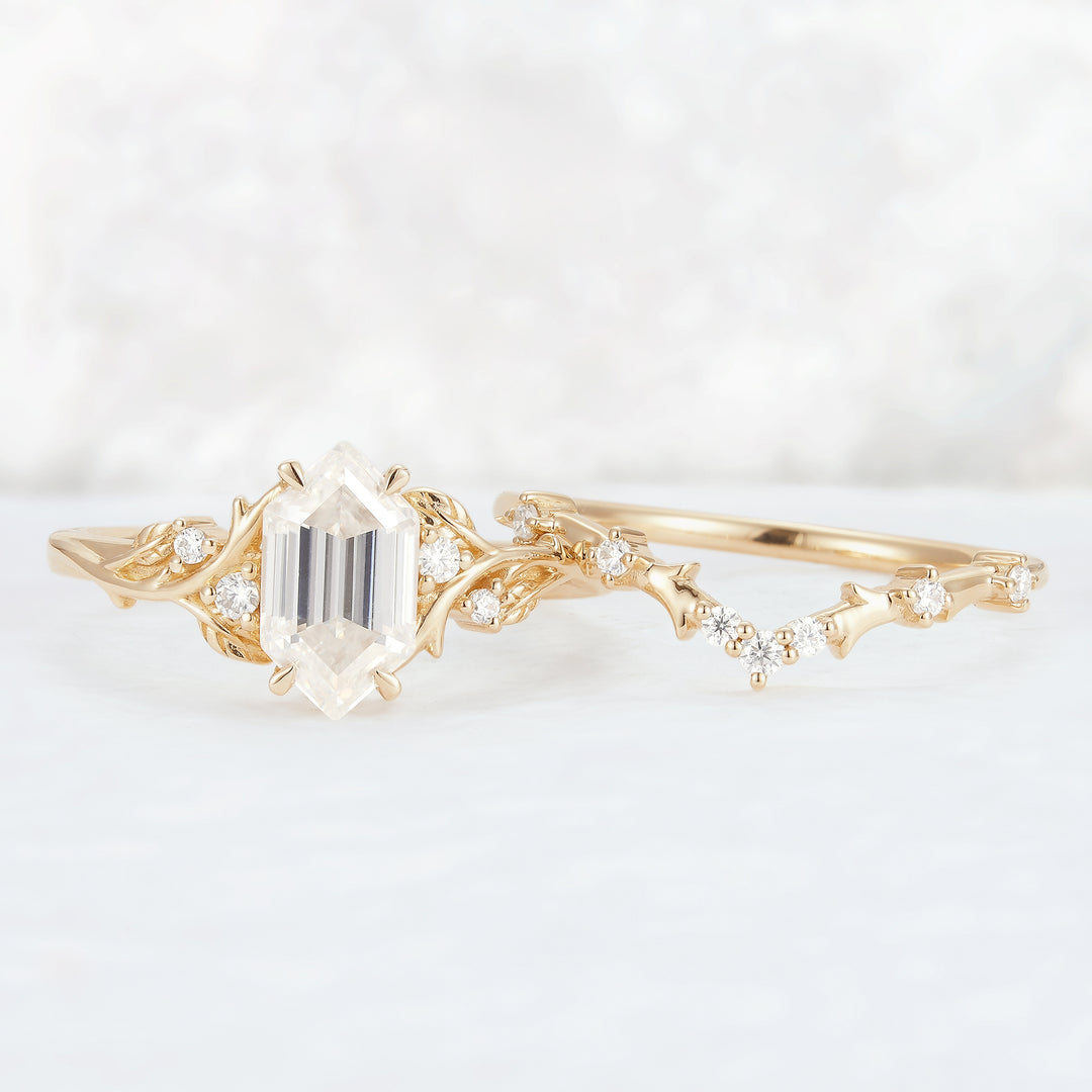 Nature Hexagon Cut Moissanite Vine Gemstone Ring Set 2pcs