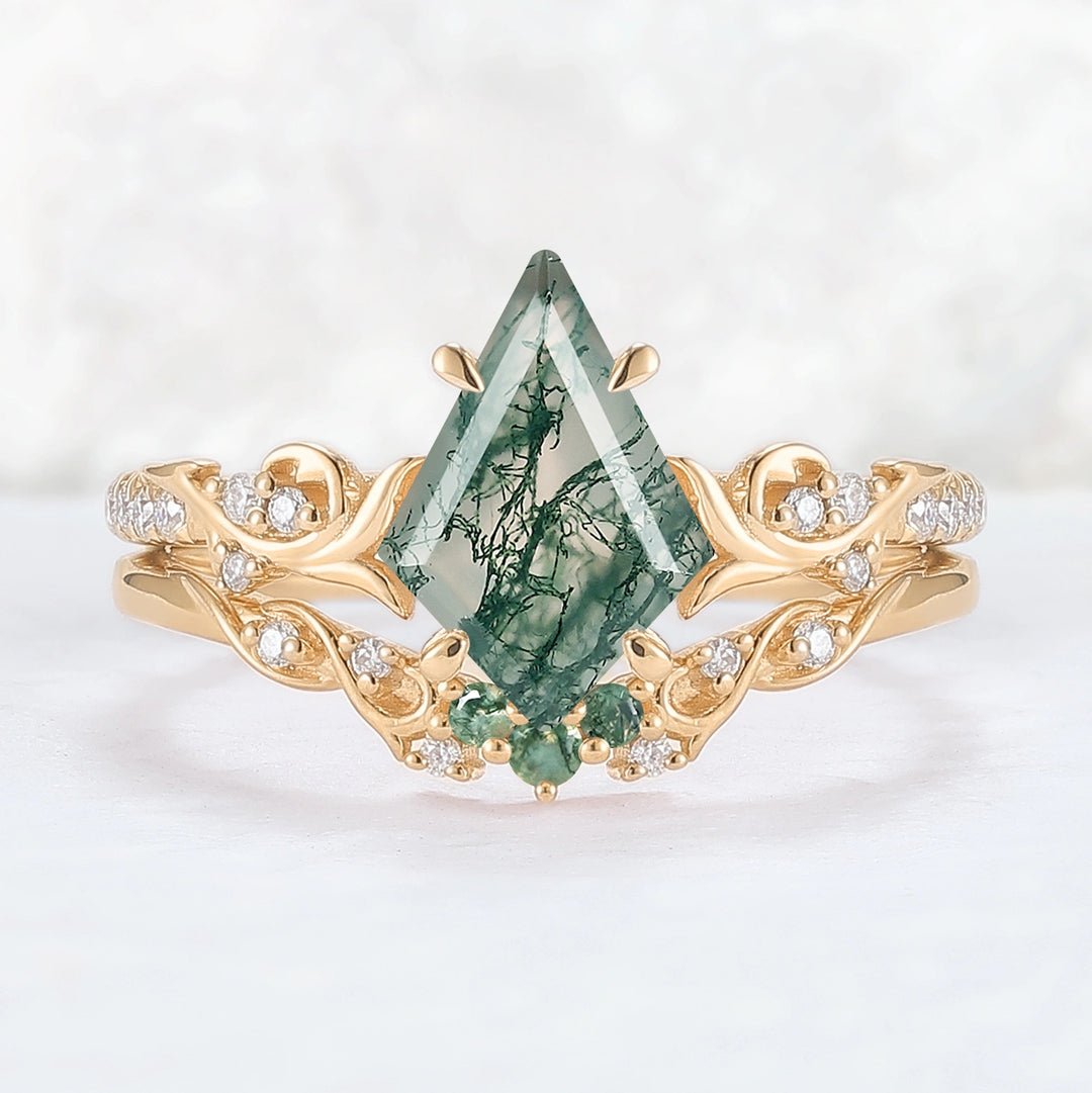 Nature Inspired Kite Cut Moss Agate Vine Gemstone Ring Set 2pcs
