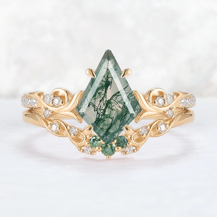 Nature Inspired Kite Cut Moss Agate Vine Gemstone Ring Set 2pcs