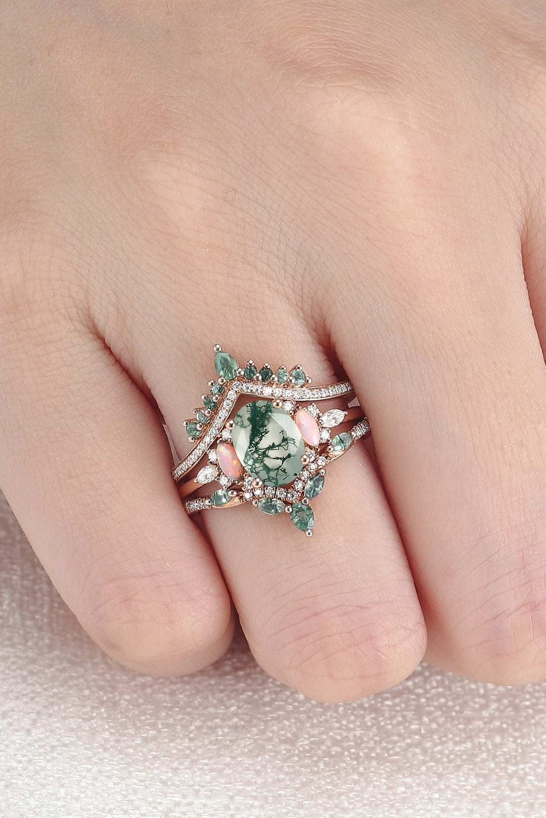 Nature Inspired Oval Cut Moss Agate Cluster Gemstone Ring Set 3pcs