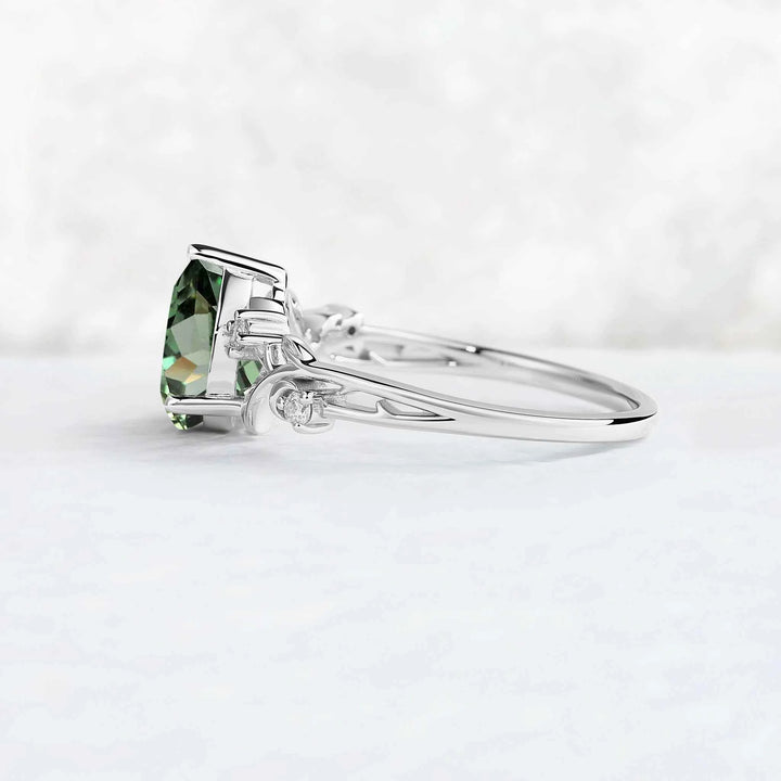 Nature Inspired Pear Cut Lab Green Sapphire Moon & Leafy Ring