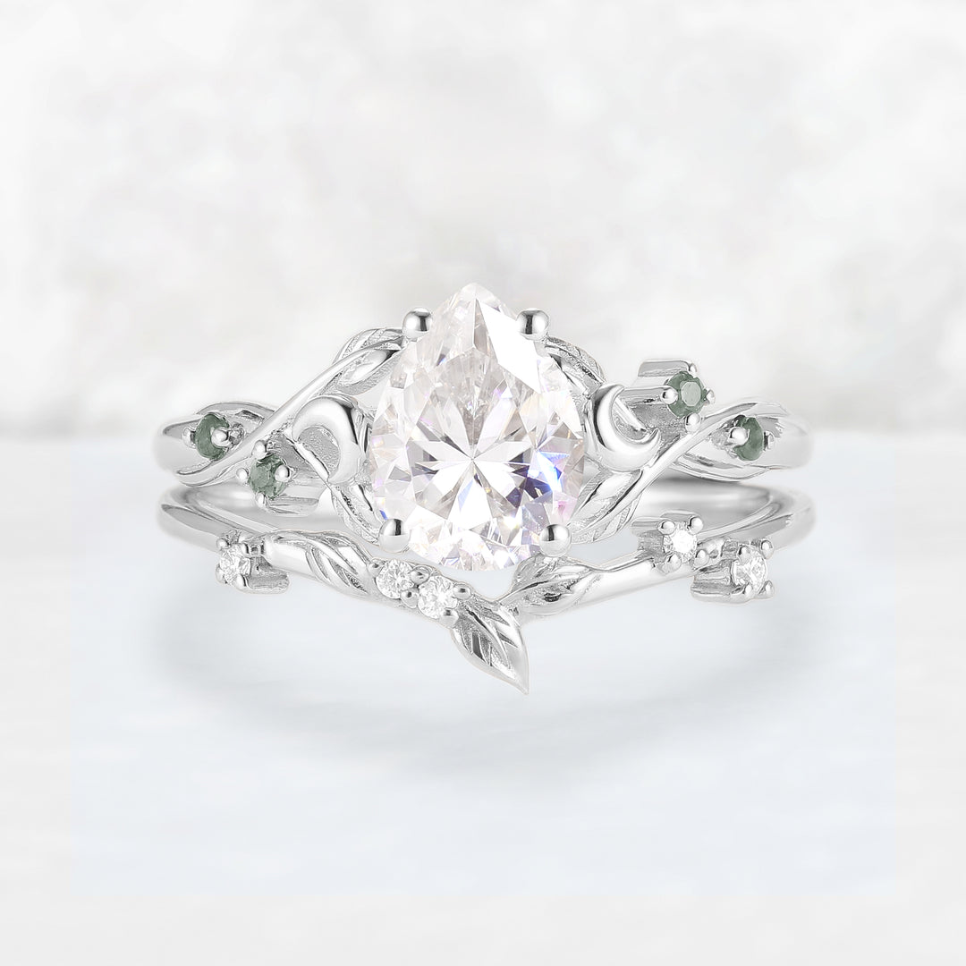 Nature Inspired Pear Cut Moissanite Moon Gemstone Ring Set 2pcs