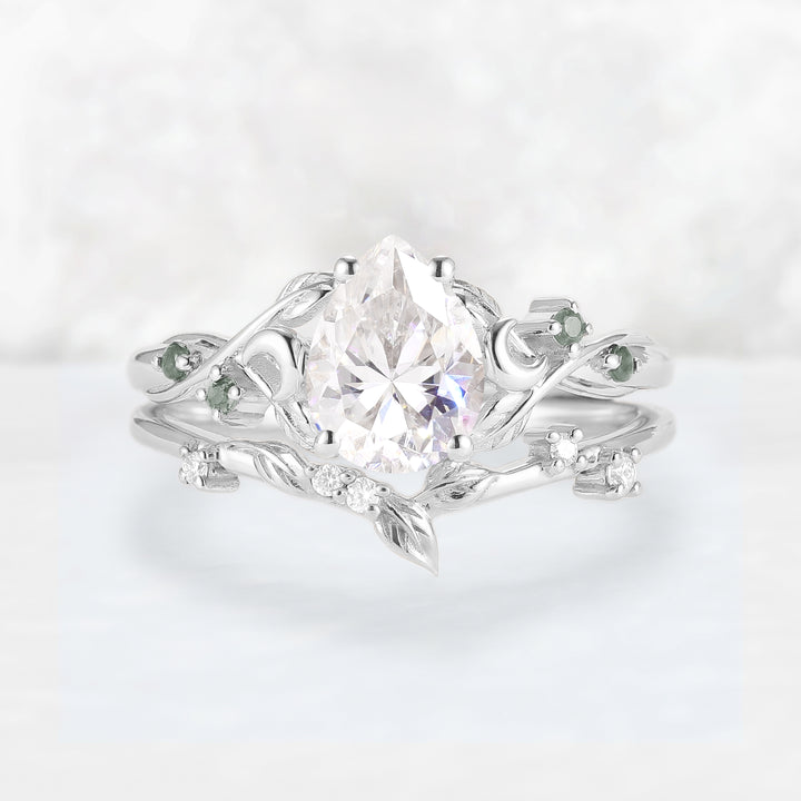 Nature Inspired Pear Cut Moissanite Moon Gemstone Ring Set 2pcs