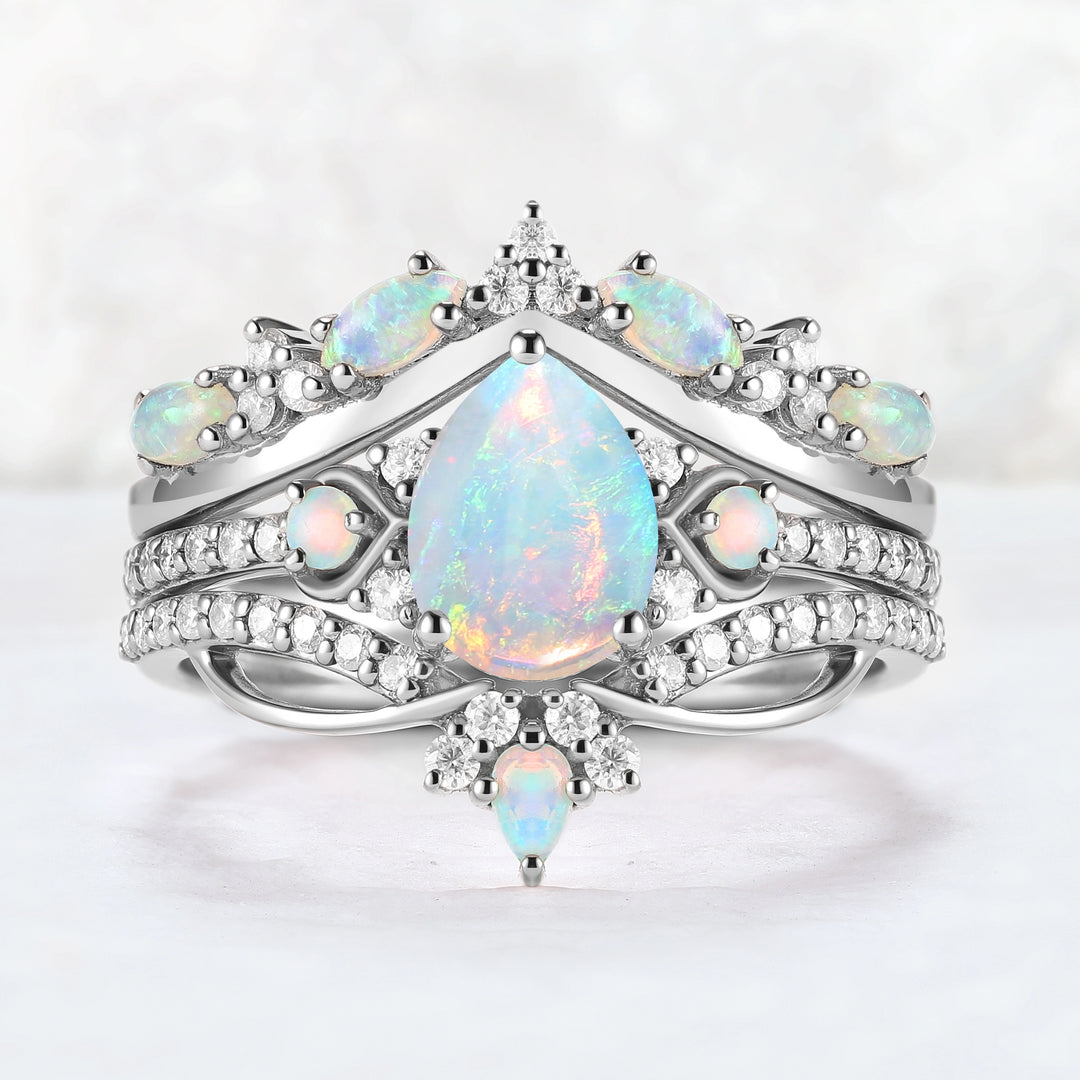 Nature Inspired Pear Shaped Natural Opal Gemstone Ring Set 3pcs