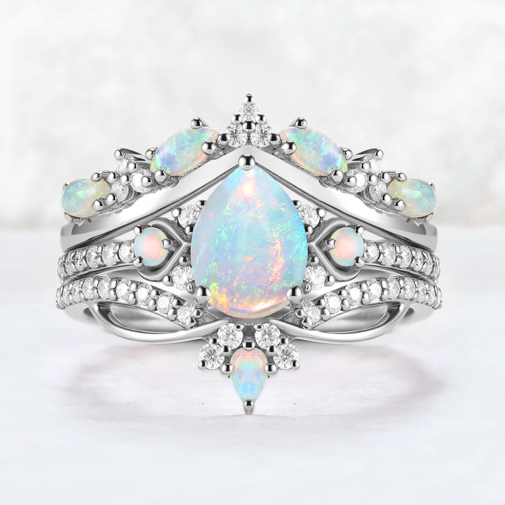 Nature Inspired Pear Shaped Natural Opal Gemstone Ring Set 3pcs
