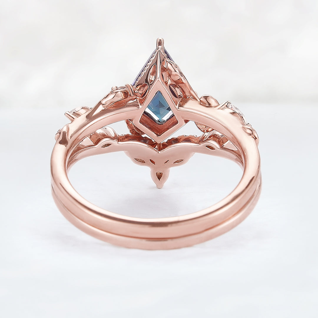 Nature Kite Cut Alexandrite Leaf Engagement Ring Set 2pcs