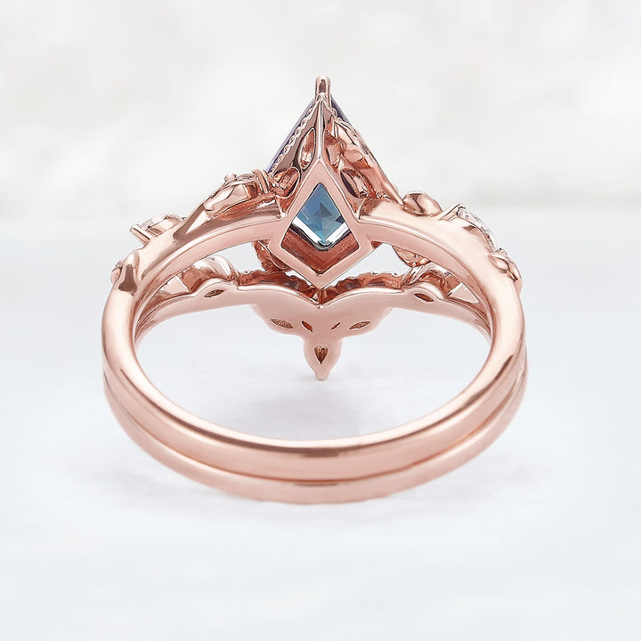 Nature Kite Cut Alexandrite Leaf Engagement Ring Set 2pcs