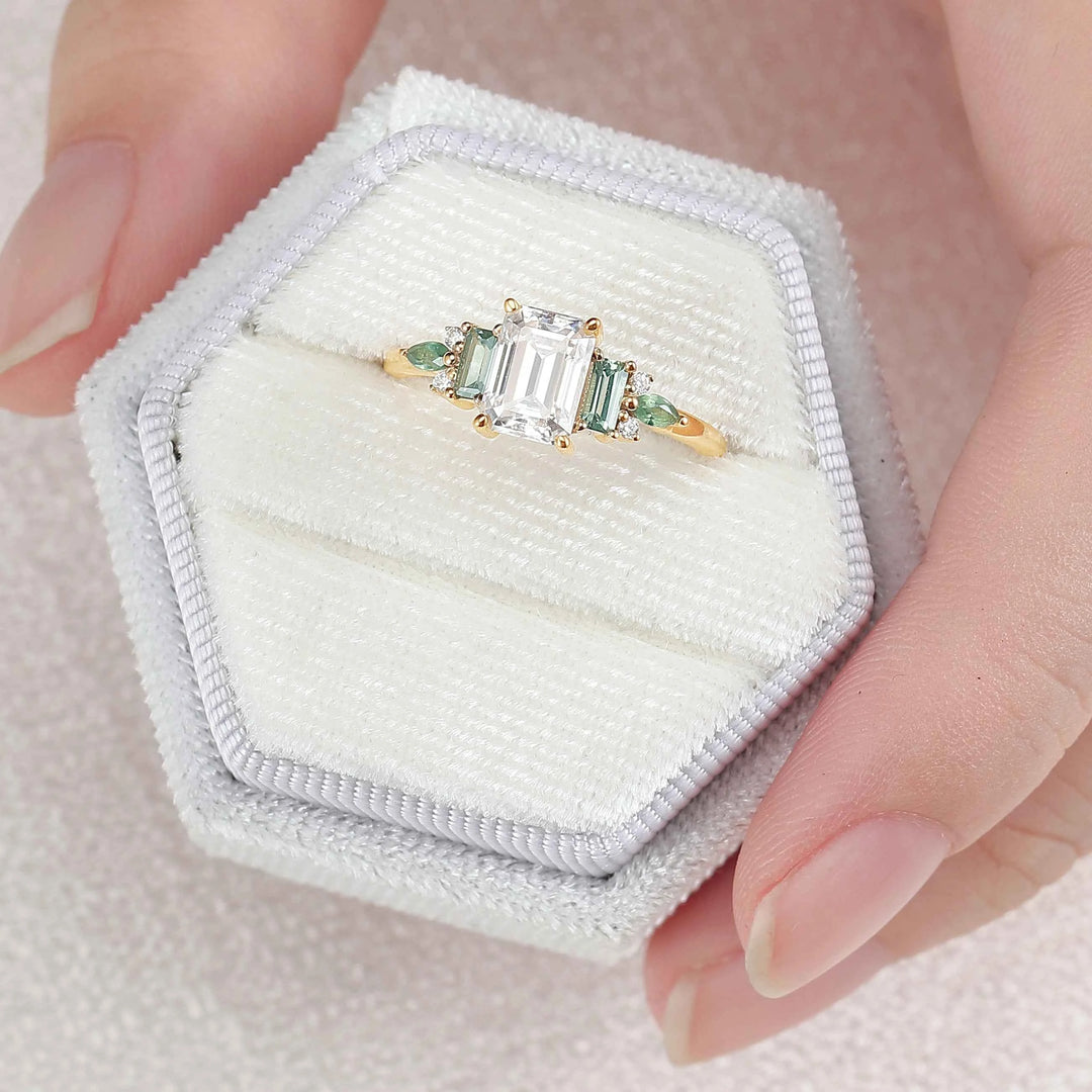 Unique Aveline Emerald Cut Moissanite and Moss Agate Ring