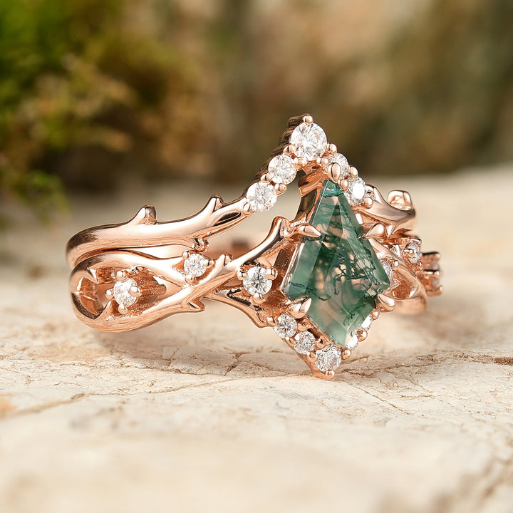 Unique Kite Cut Moss Agate Twig Engagement Ring Set 2pcs2