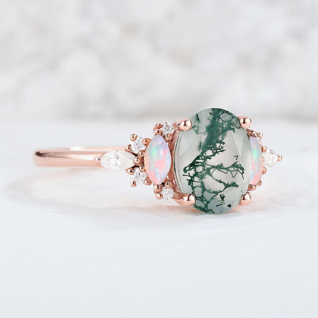 Unique Oval Shaped Moss Agate Cluster Engagement Ring3