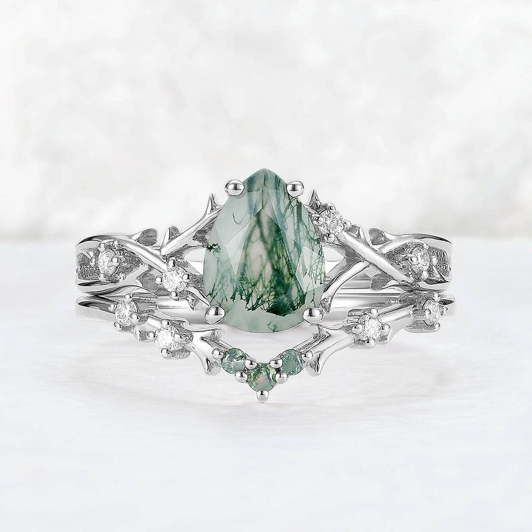 Unique Pear Cut Moss Agate Moissanite Vine Ring Set 2pcs