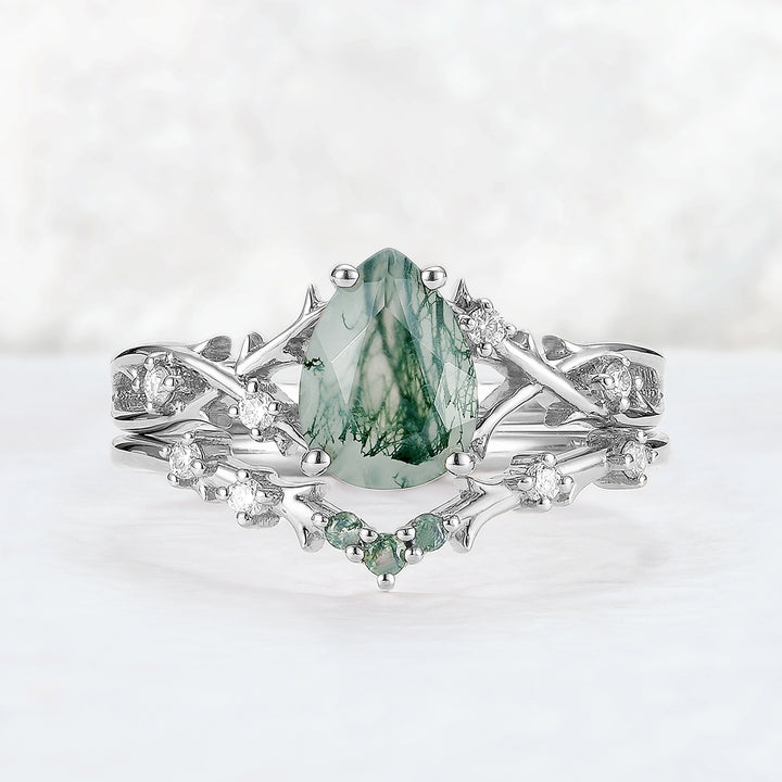 Unique Pear Cut Moss Agate Moissanite Vine Ring Set 2pcs