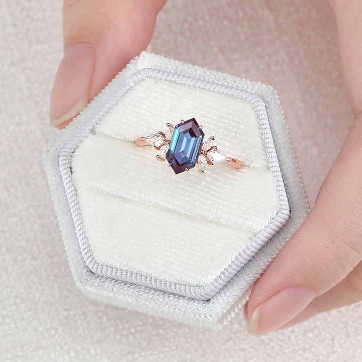 Cluster Hexagon Cut Alexandrite Gemstone Ring