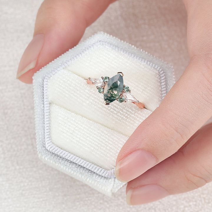 Cluster Marquise Cut Moss agate Seven Gemstone Ring