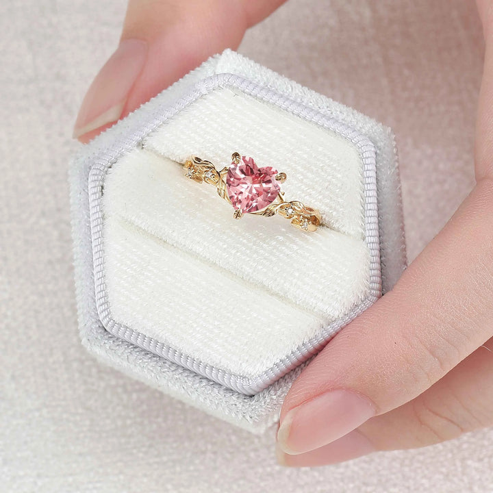 Fire Cut Heart Shaped Pink Sapphire Leafy Gemstone Ring