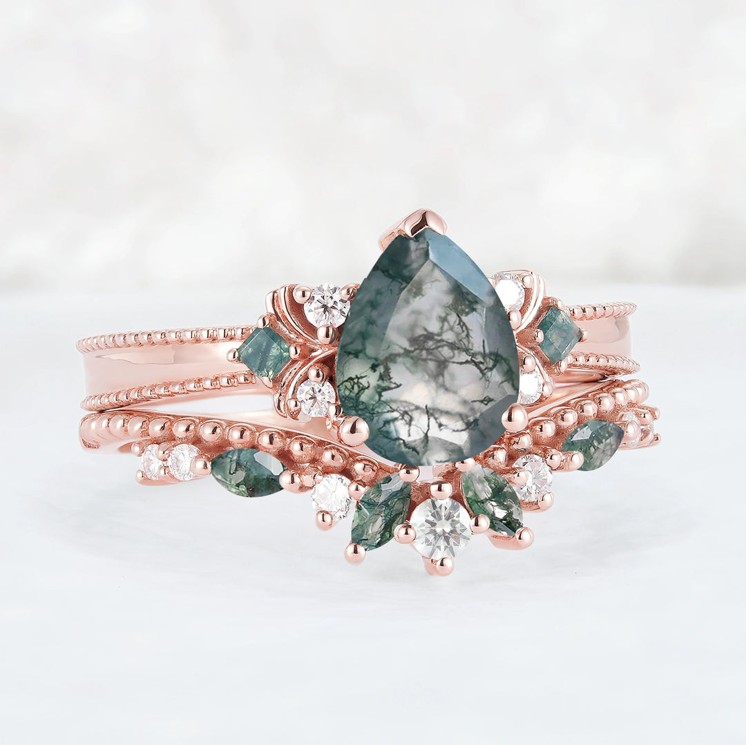 Princess Mononoke Pear Cut Moss Agate Cluster Gemstone Ring Set 2pcs