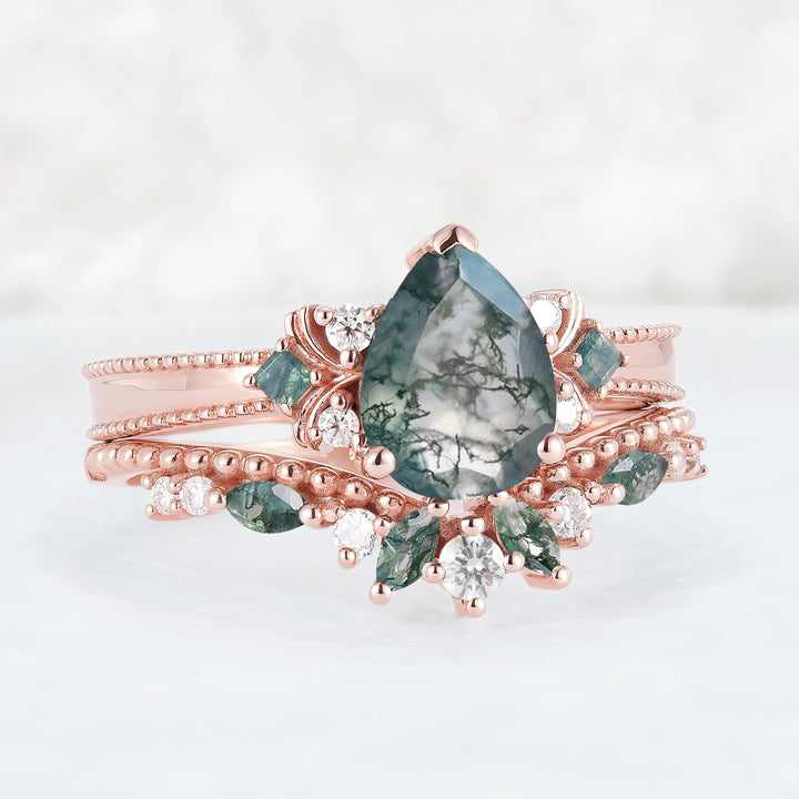 Princess Mononoke Pear Cut Moss Agate Cluster Gemstone Ring Set 2pcs