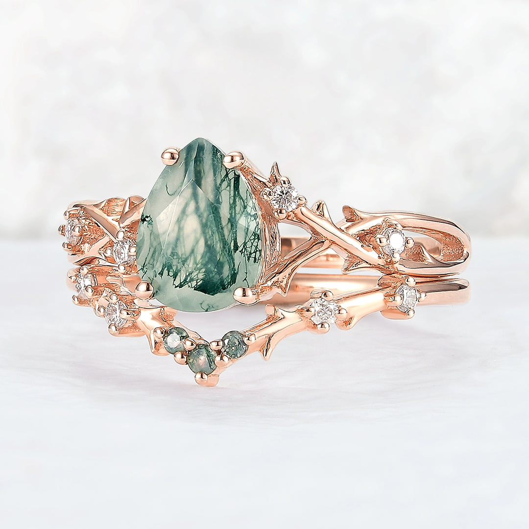 Unique Pear Cut Moss Agate Moissanite Vine Ring Set 2pcs