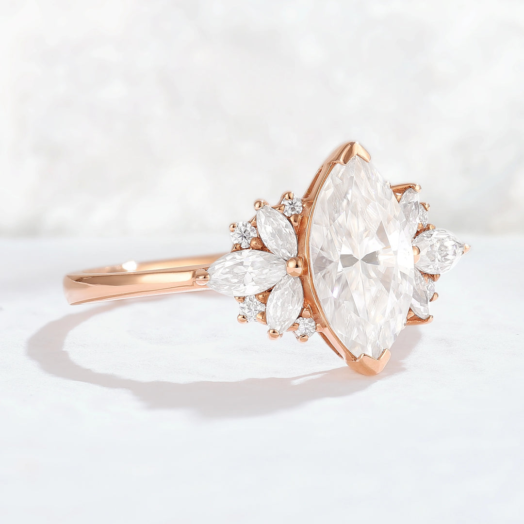 Cluster Marquise Cut Moissanite Petal Side Gemstone Ring