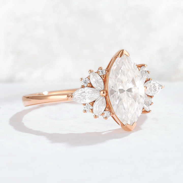 Cluster Marquise Cut Moissanite Petal Side Gemstone Ring