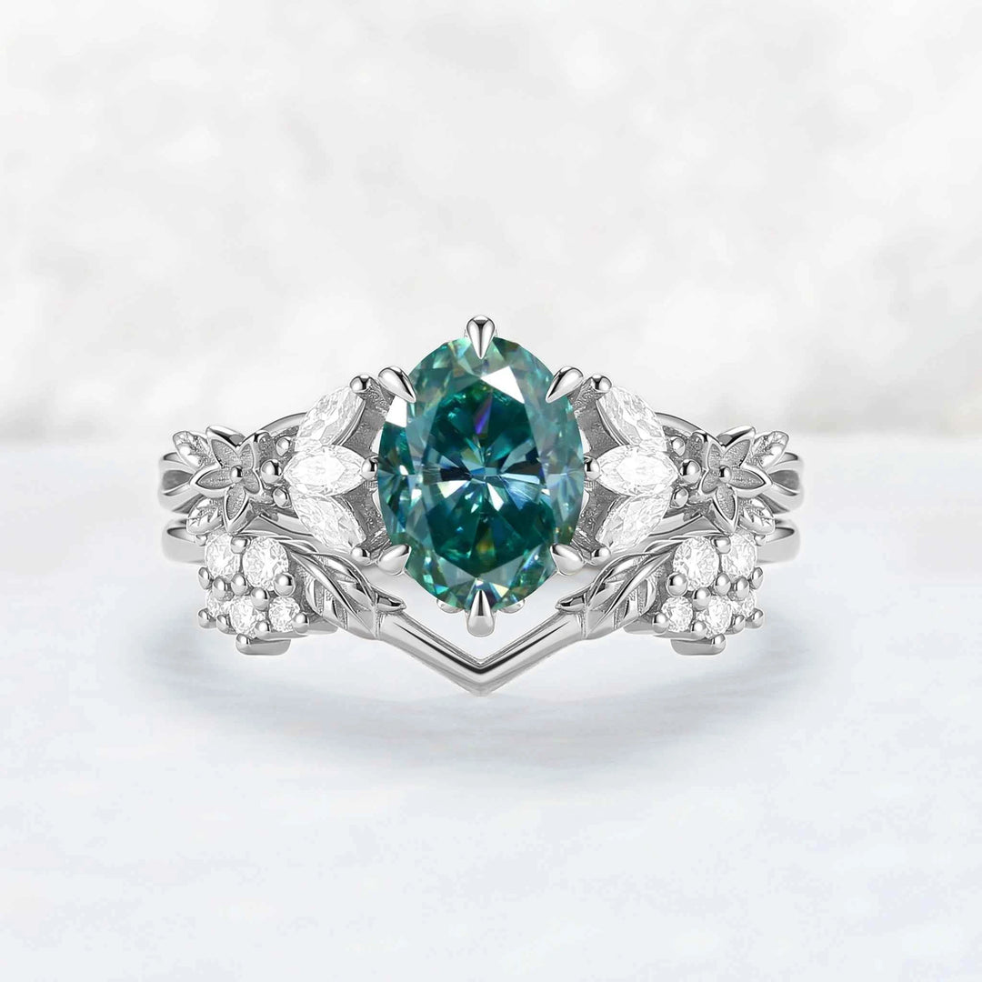 Nature Inspired Oval Cut Green Moissanite Leafy Engagement Ring Set 2pcs