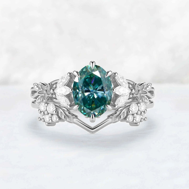 Nature Inspired Oval Cut Green Moissanite Leafy Engagement Ring Set 2pcs