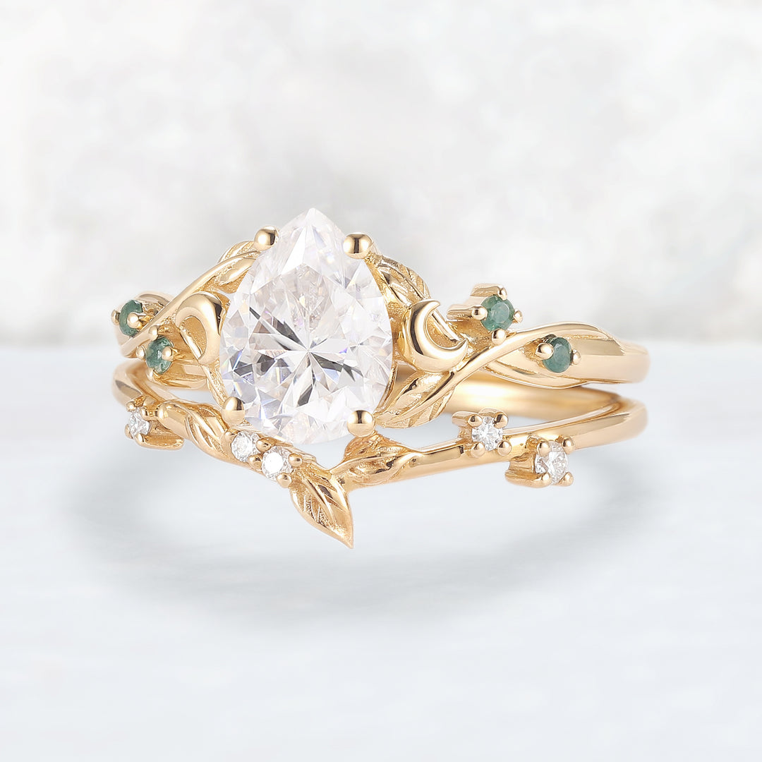 Nature Inspired Pear Cut Moissanite Moon Gemstone Ring Set 2pcs