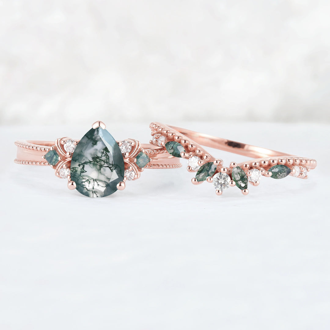 Princess Mononoke Pear Cut Moss Agate Cluster Gemstone Ring Set 2pcs