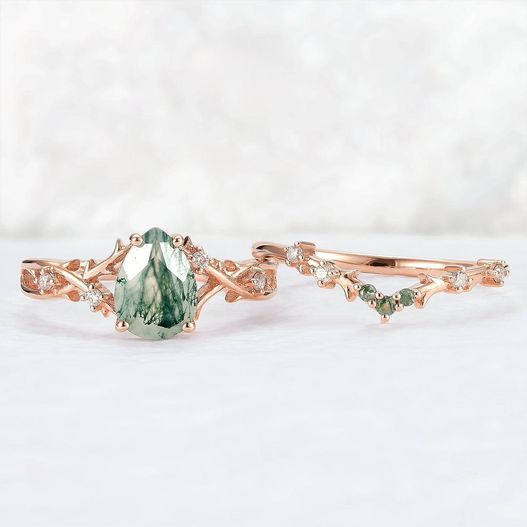 Unique Pear Cut Moss Agate Moissanite Vine Ring Set 2pcs