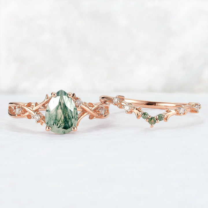 Unique Pear Cut Moss Agate Moissanite Vine Ring Set 2pcs