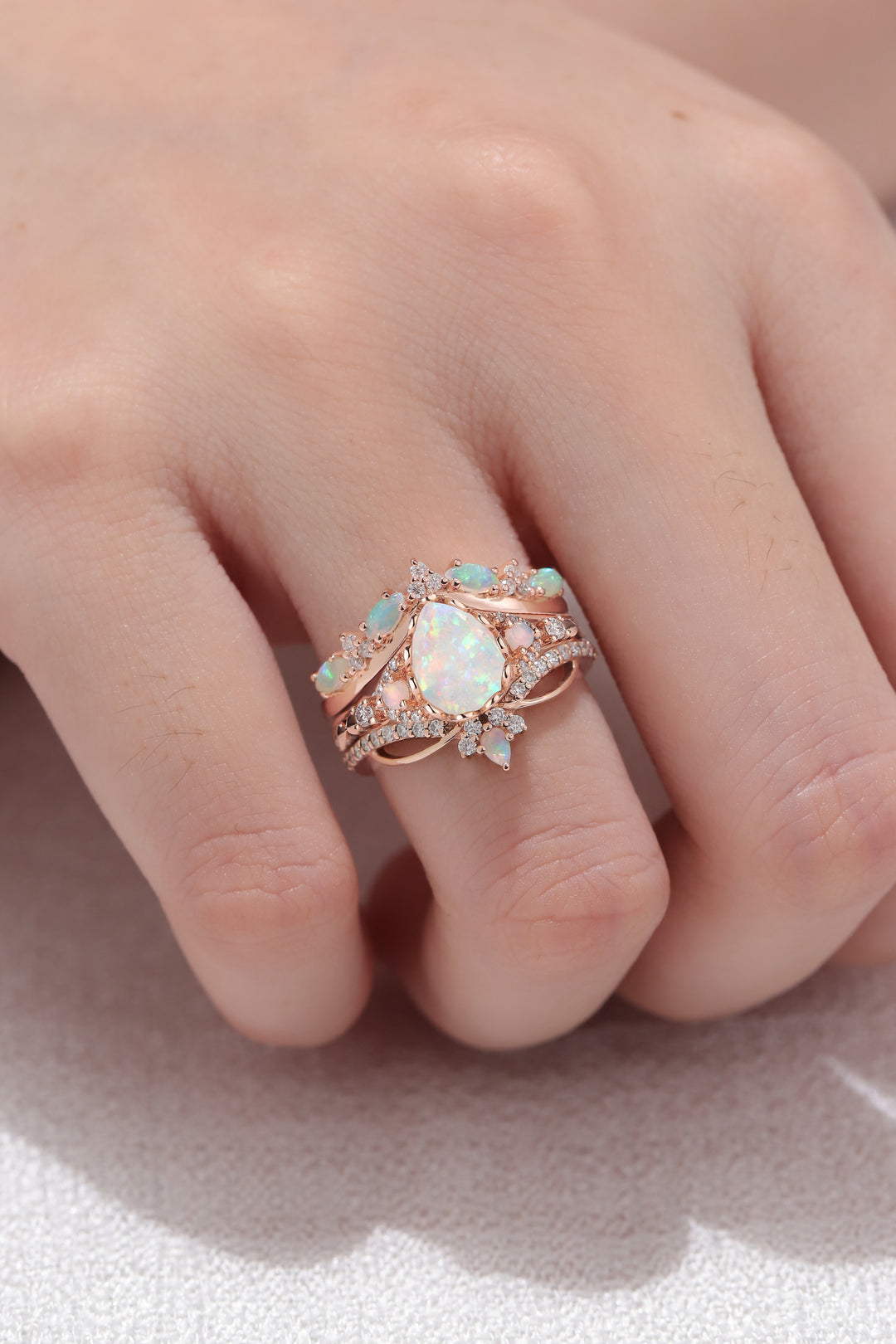 Nature Pear Shaped Opal Vine Handmade Ring Set 3pcs