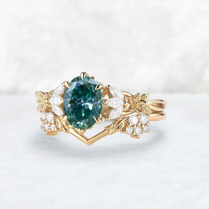 Nature Inspired Oval Cut Green Moissanite Leafy Engagement Ring Set 2pcs