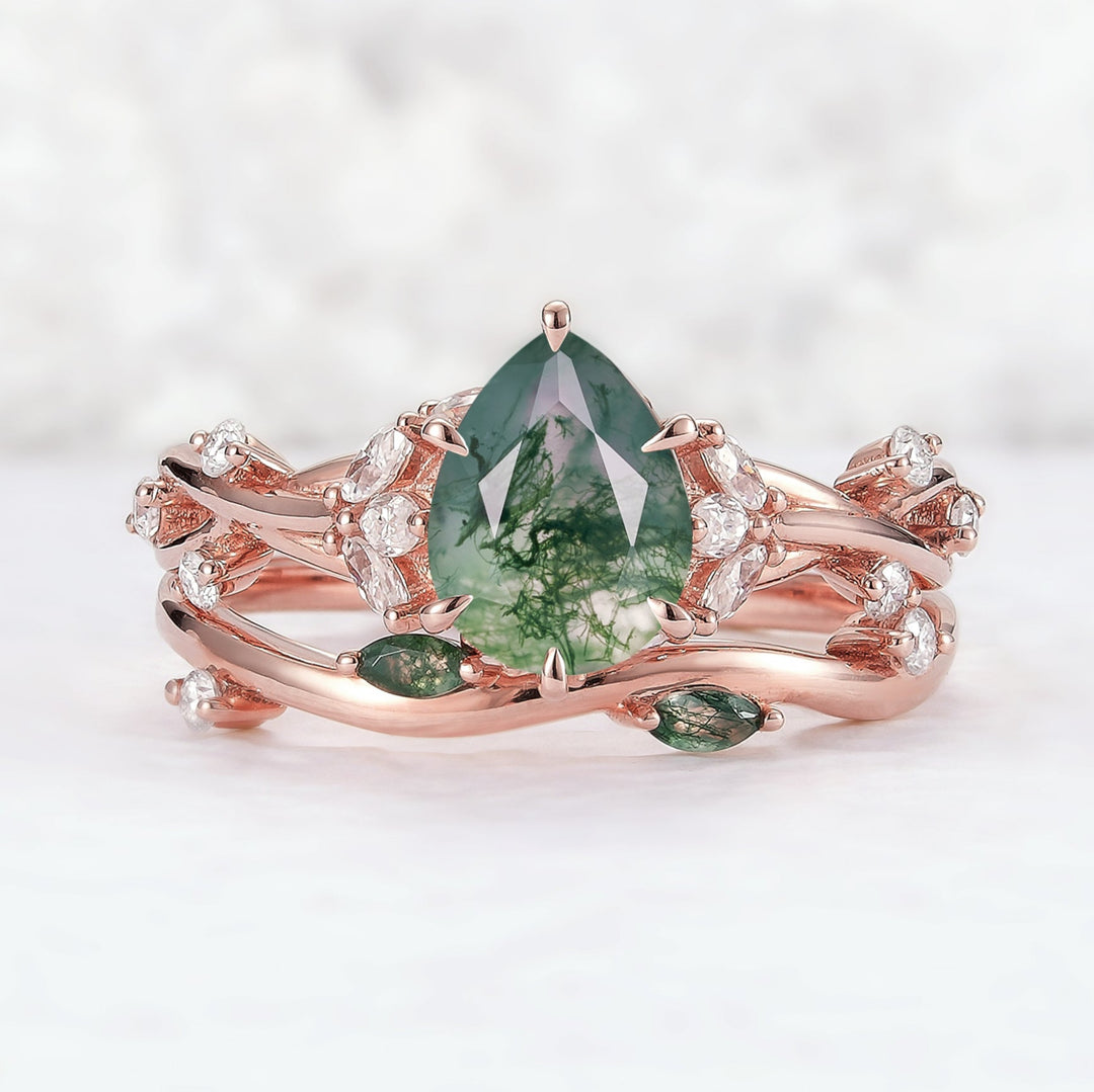 Unique Pear Cut Moss Agate Moissanite Vine Engagement Ring Set 2pcs