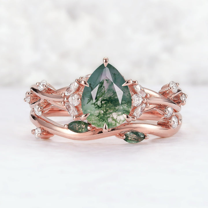 Unique Pear Cut Moss Agate Moissanite Vine Engagement Ring Set 2pcs