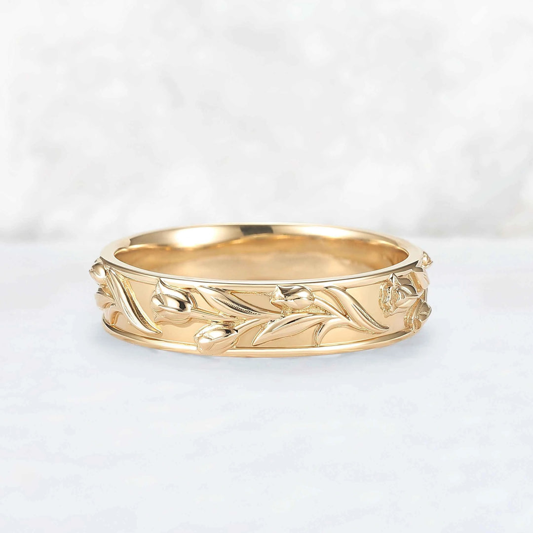 5mm Wide Hand-Engraved Tulip 10K Yellow Gold Mens Ring