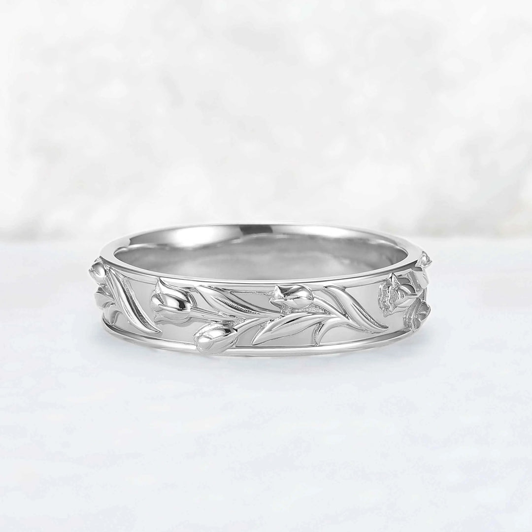 5mm Wide Hand-Engraved Tulip 10K Yellow Gold Mens Ring