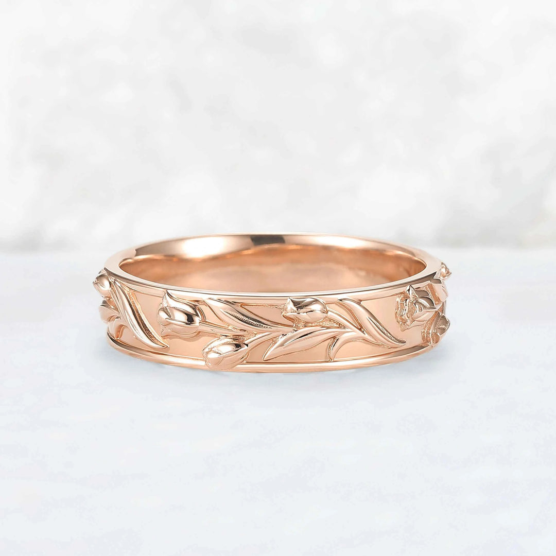 5mm Wide Hand-Engraved Tulip 10K Yellow Gold Mens Ring
