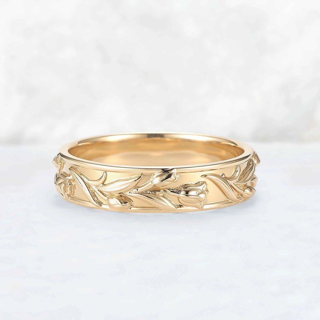 5mm Wide Hand-Engraved Tulip 10K Yellow Gold Mens Ring