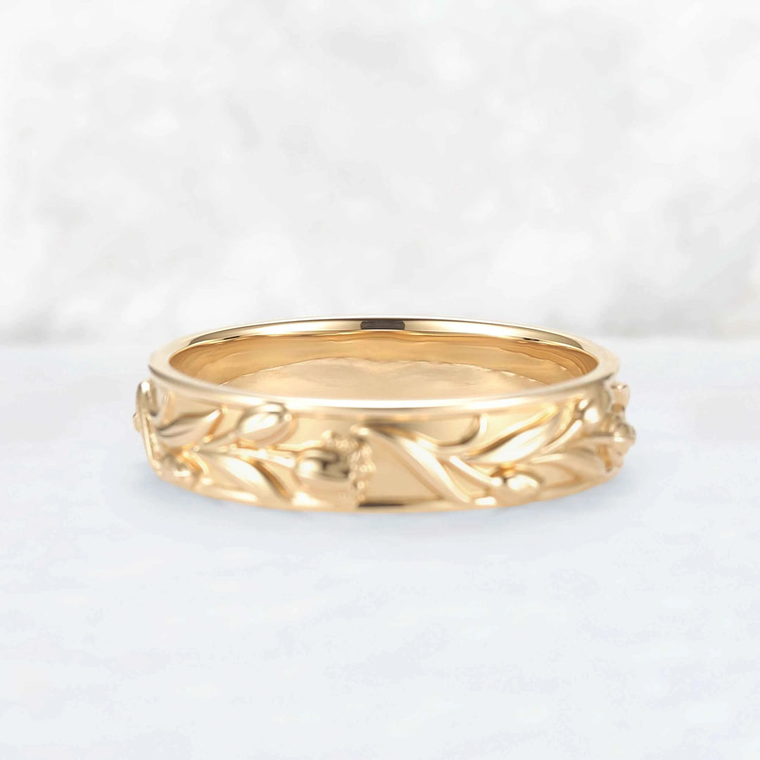 5mm Wide Hand-Engraved Tulip 10K Yellow Gold Mens Ring