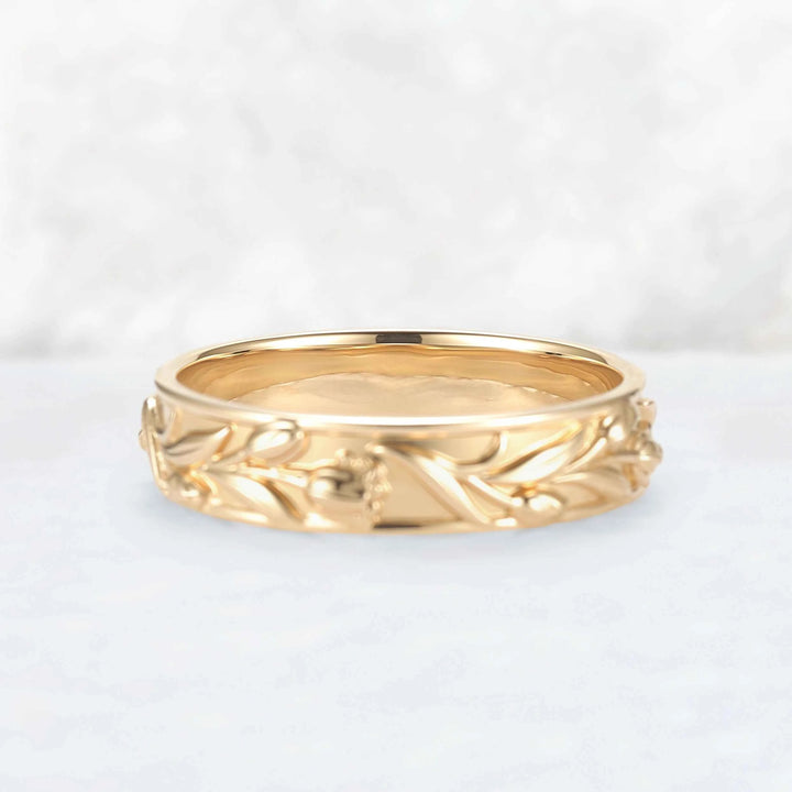 5mm Wide Hand-Engraved Tulip 10K Yellow Gold Mens Ring